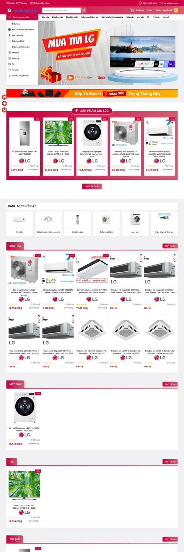 Màn hình đầu mẫu website showroom điều hòa tông đỏ với danh mục dọc và banner tivi