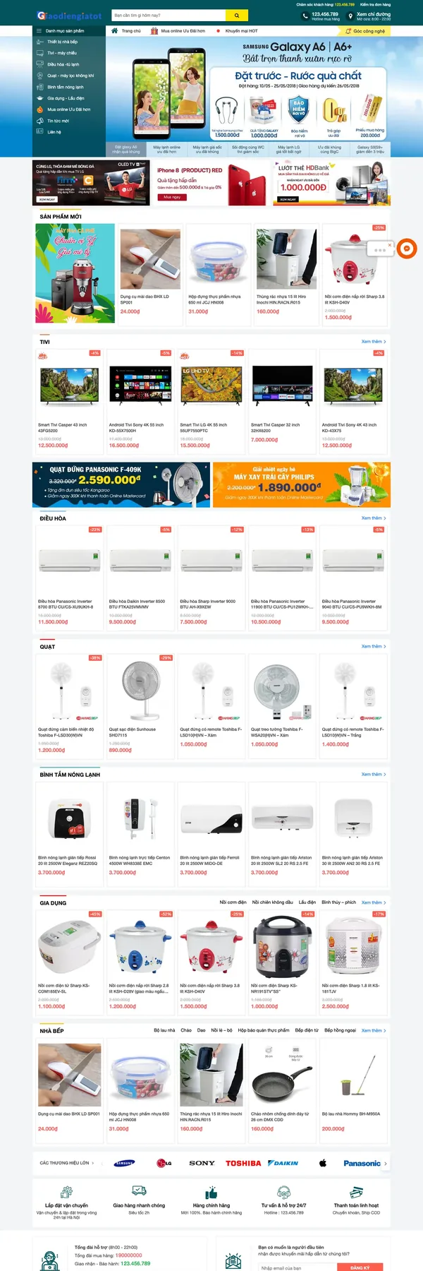 Màn hình đầu mẫu website điện máy gia dụng với danh mục dọc, slider và banner khuyến mãi