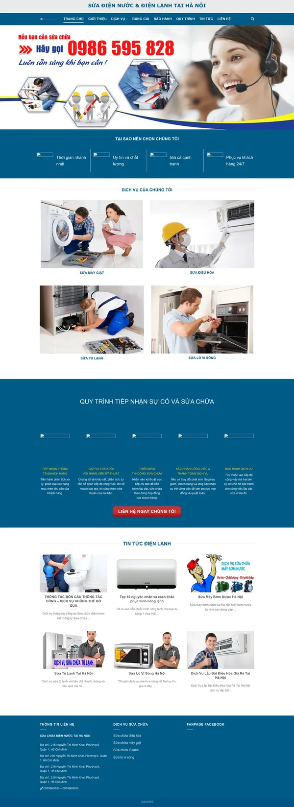 Màn hình đầu mẫu website sửa điện lạnh, điện nước tại nhà