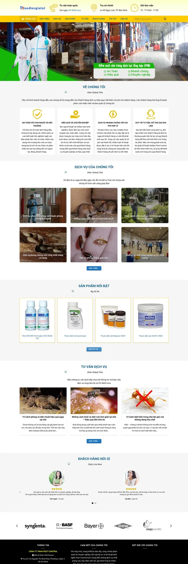 Màn hình đầu mẫu website diệt côn trùng với thanh tư vấn, trụ sở, giờ làm việc