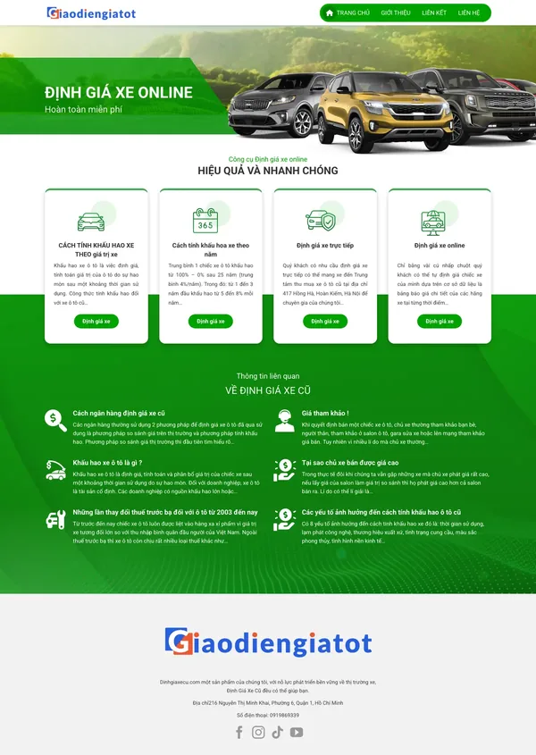 Màn hình đầu mẫu website định giá xe ô tô cũ với nút định giá xe online