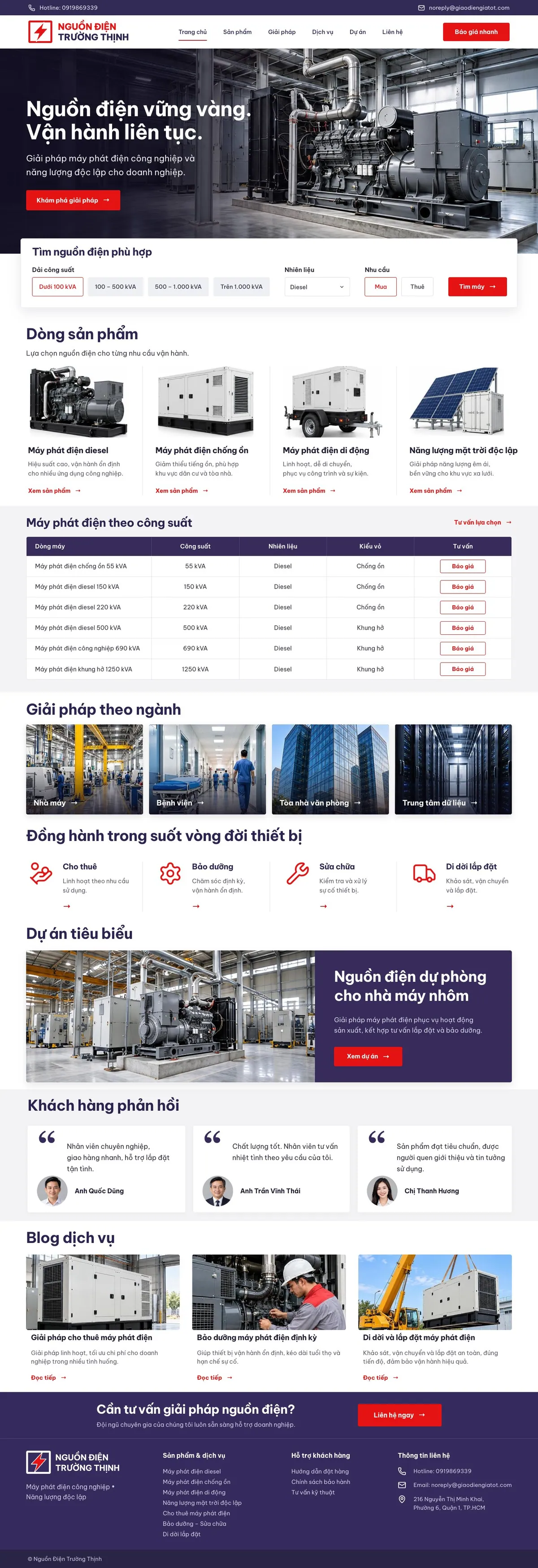 Giao Diện Độc Bản Website Máy phát điện công nghiệp, cho thuê và bảo dưỡng – DB-MAYPHATDIEN