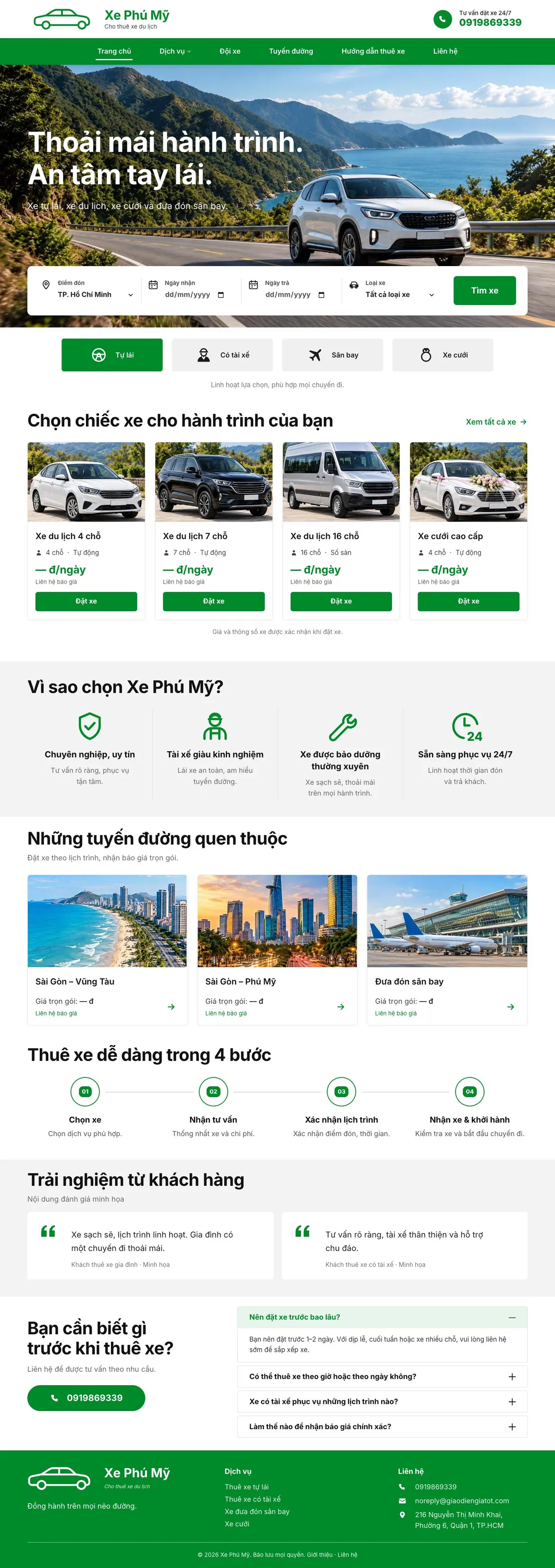 Giao Diện Độc Bản Website Cho thuê xe du lịch, xe cưới – DB-THUEXE01