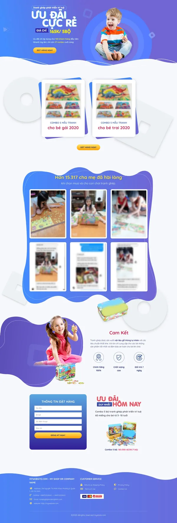 Màn hình đầu landing page đồ chơi xếp hình với banner ưu đãi combo tranh ghép