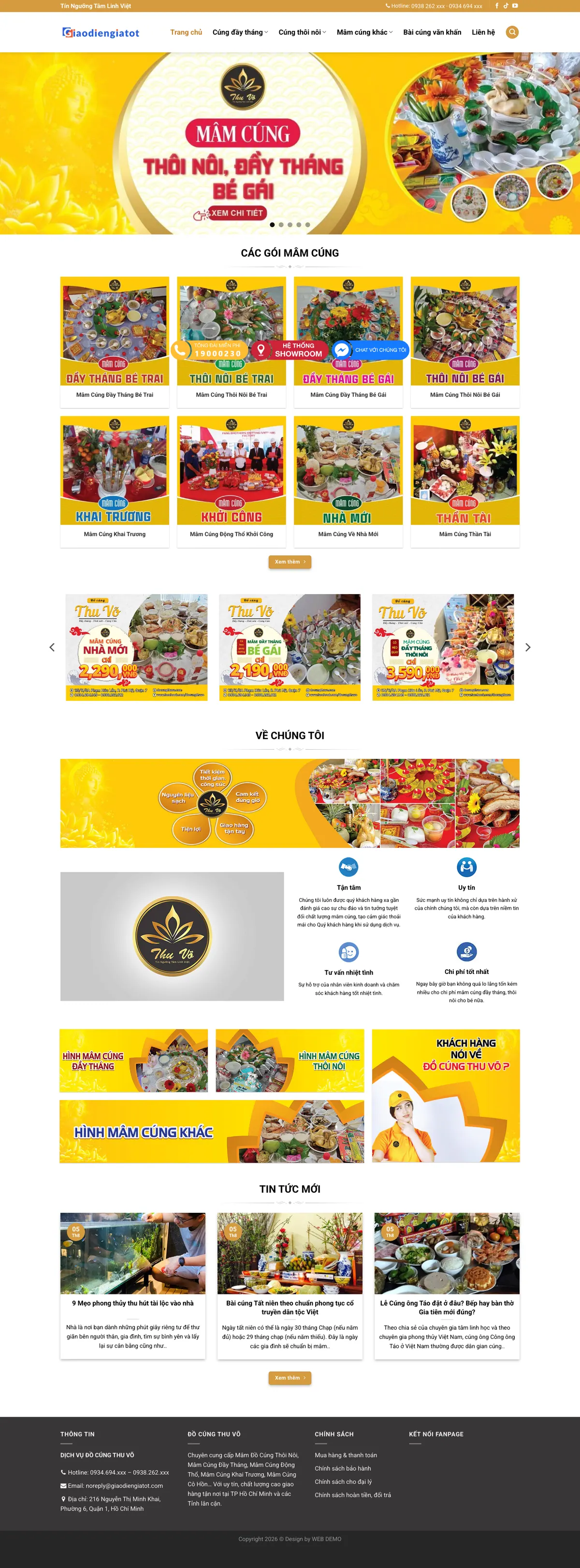 Màn hình đầu mẫu website dịch vụ mâm cúng với banner mâm cúng thôi nôi, đầy tháng