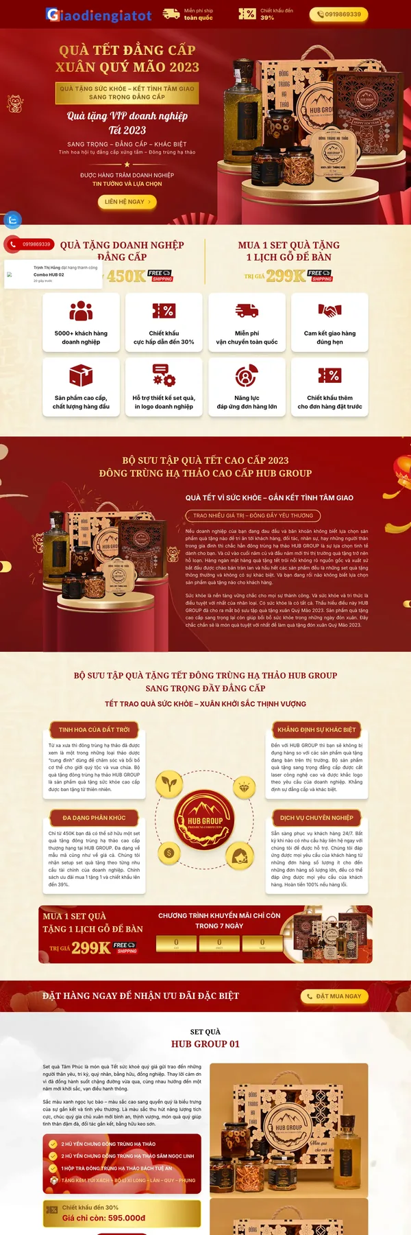Màn hình đầu landing page quà tặng đông trùng hạ thảo với hộp quà sang trọng