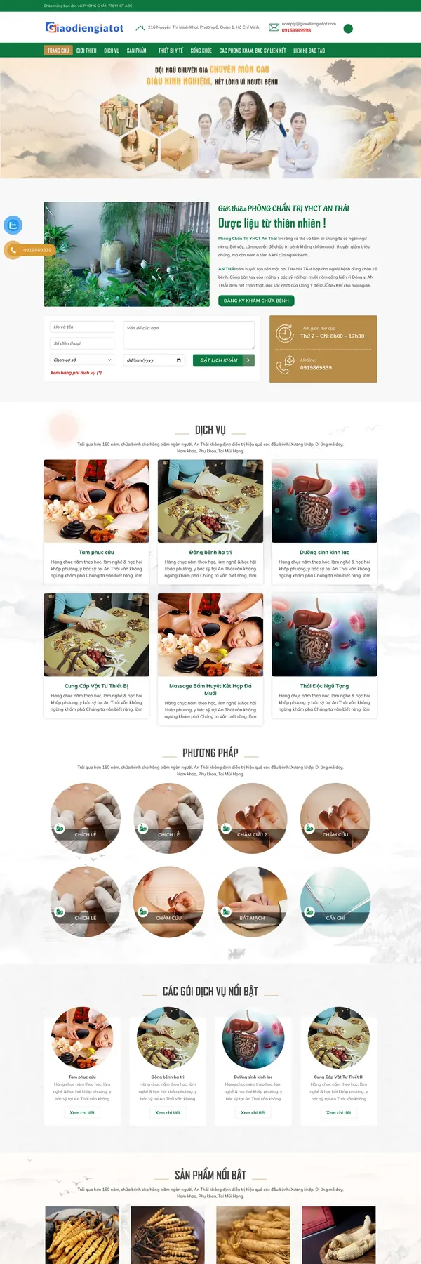 Màn hình đầu mẫu website phòng chẩn trị đông y với giới thiệu và nút đặt lịch