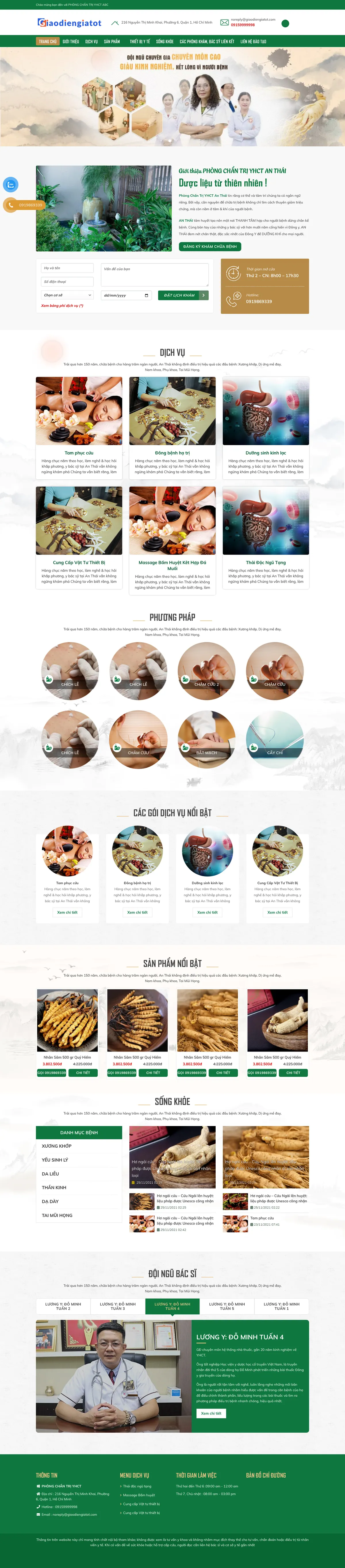 Màn hình đầu mẫu website phòng chẩn trị đông y với giới thiệu và nút đặt lịch