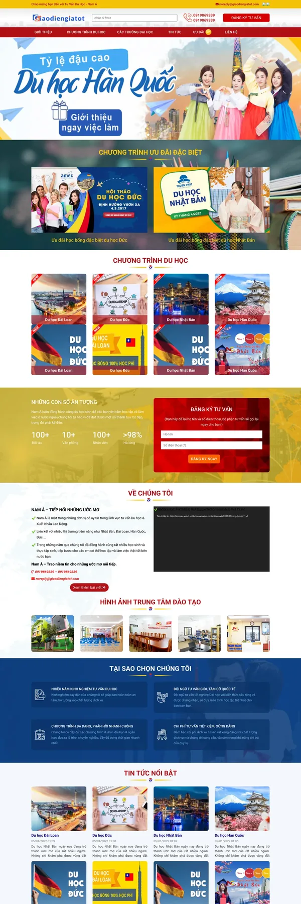 Màn hình đầu mẫu website tư vấn du học đa quốc gia với ưu đãi học bổng