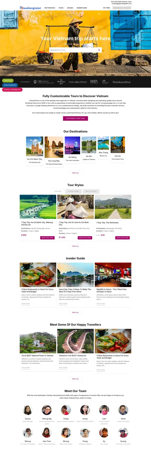 Màn hình đầu mẫu website du lịch tiếng Anh với banner tour Việt Nam