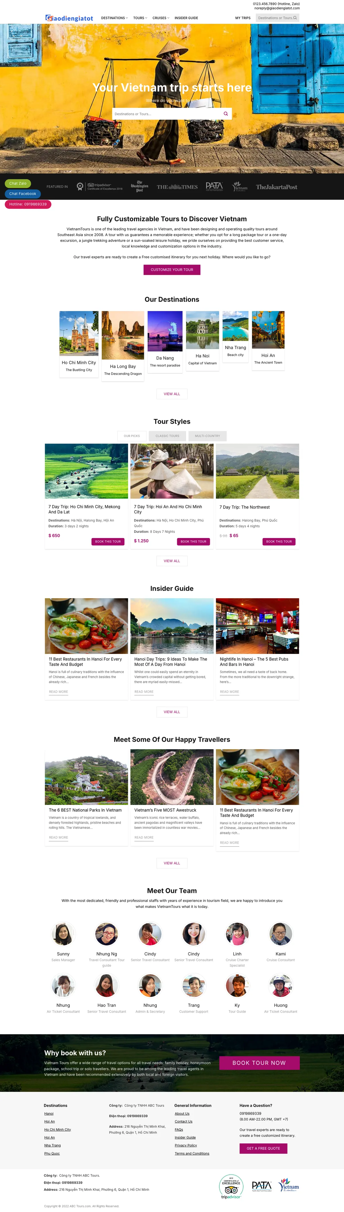 Màn hình đầu mẫu website du lịch tiếng Anh với banner tour Việt Nam
