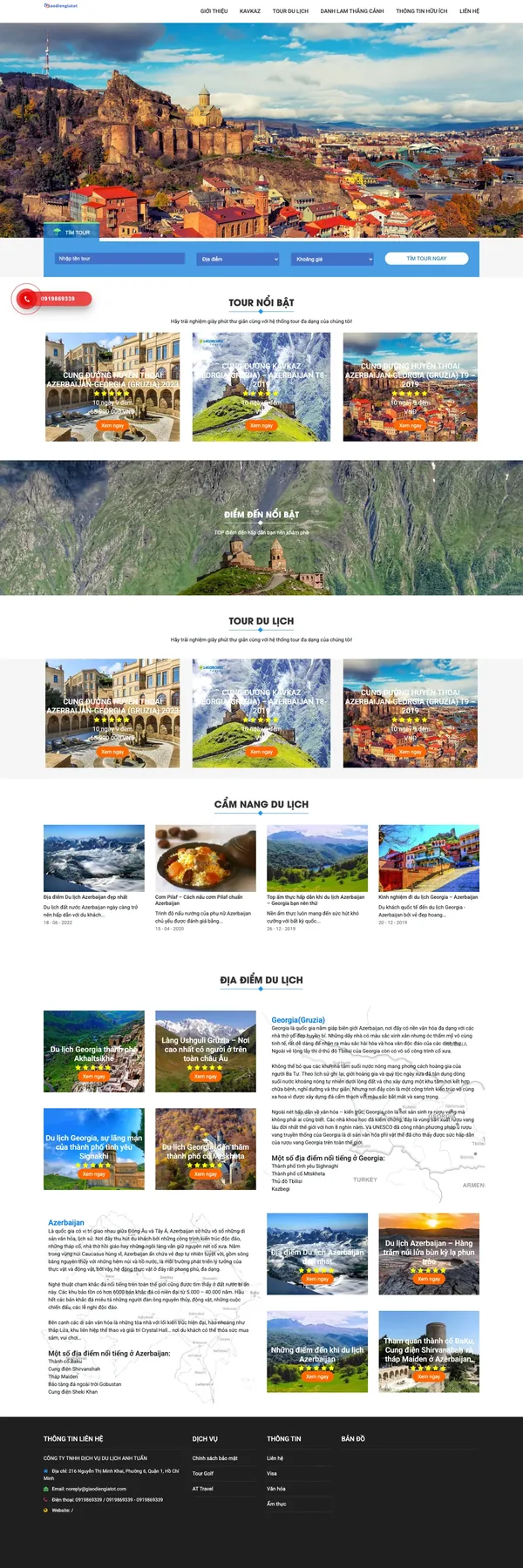 Màn hình đầu mẫu website tour chuyên tuyến Kavkaz với ô tìm tour