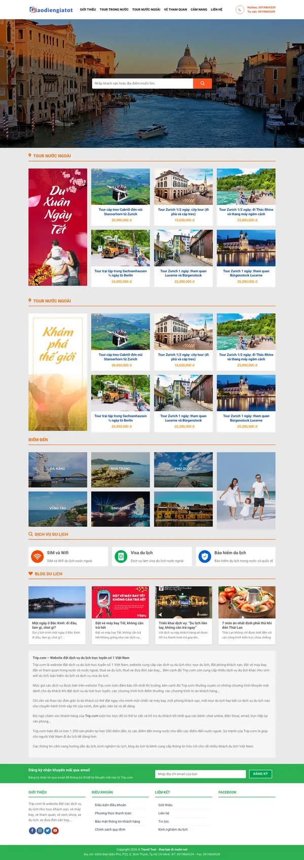 Màn hình đầu mẫu website tour nước ngoài và vé tham quan trên máy tính