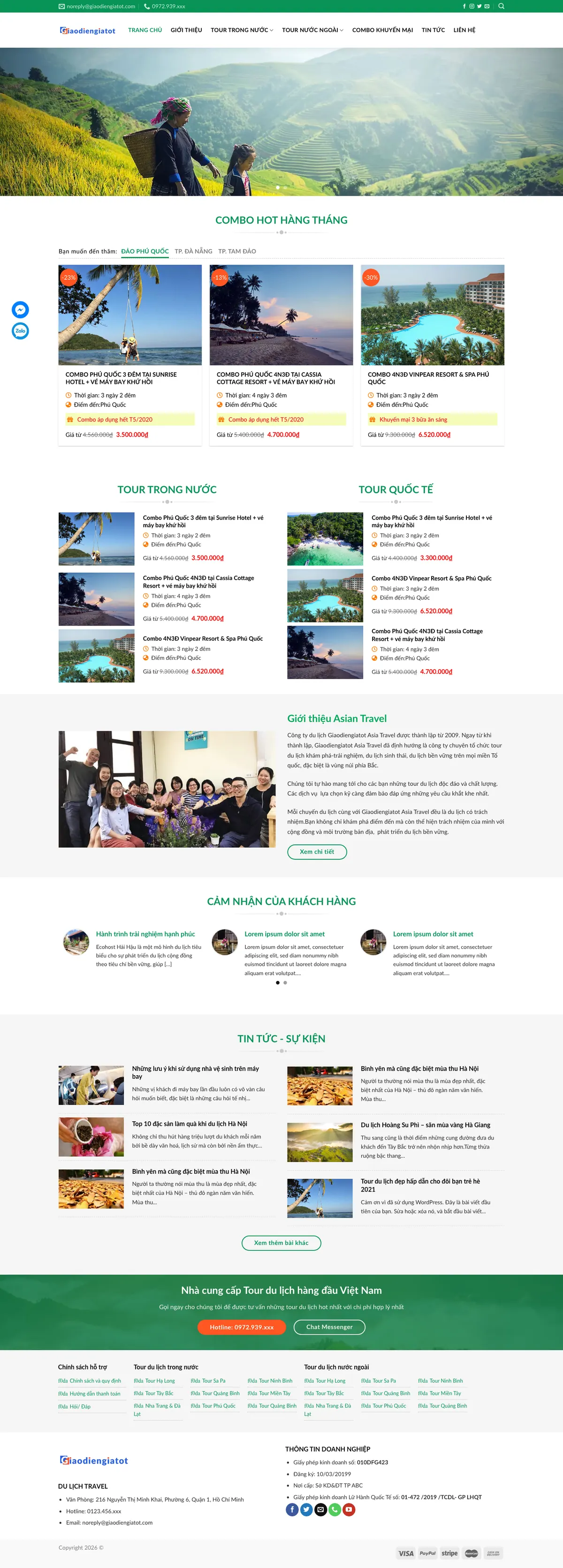 Màn hình đầu mẫu website công ty du lịch với combo hot hàng tháng