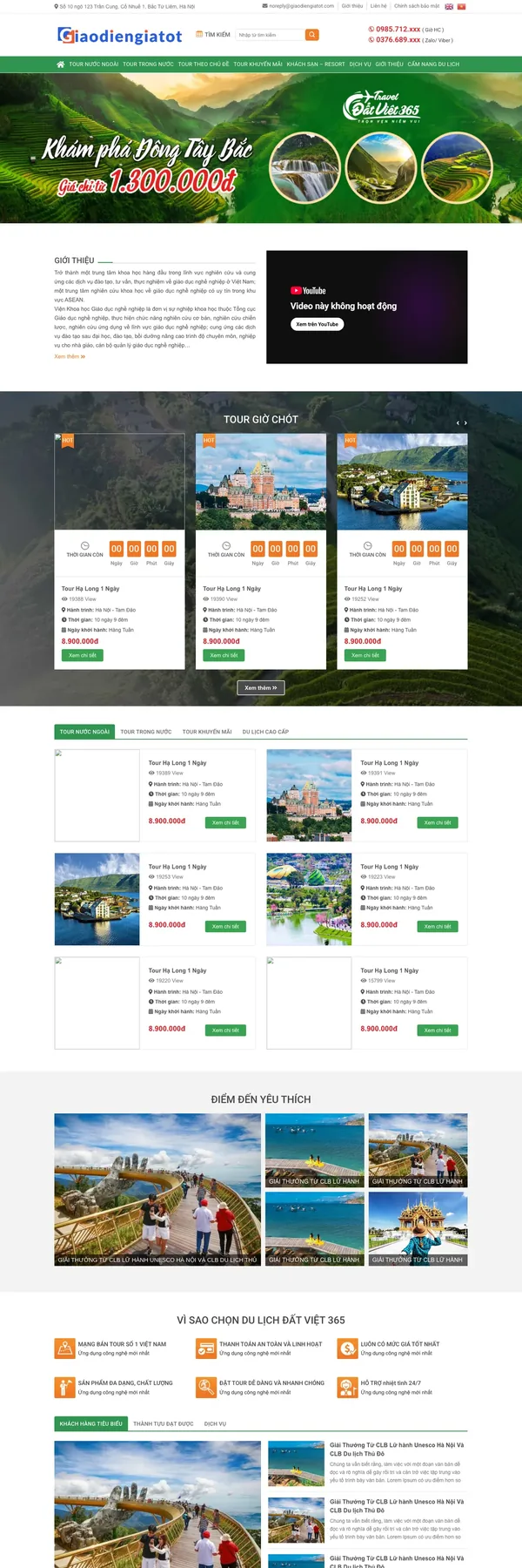 Màn hình đầu mẫu website đặt tour với slider banner và khối giới thiệu video