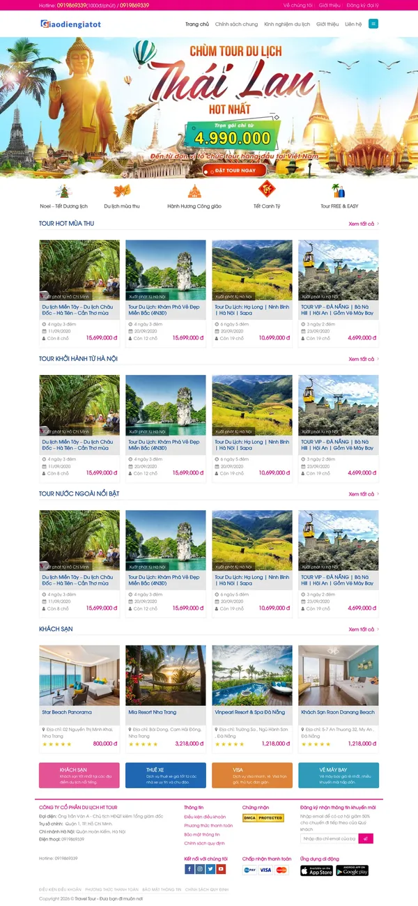 Màn hình đầu mẫu website bán tour du lịch với banner khuyến mãi và biểu tượng chủ đề