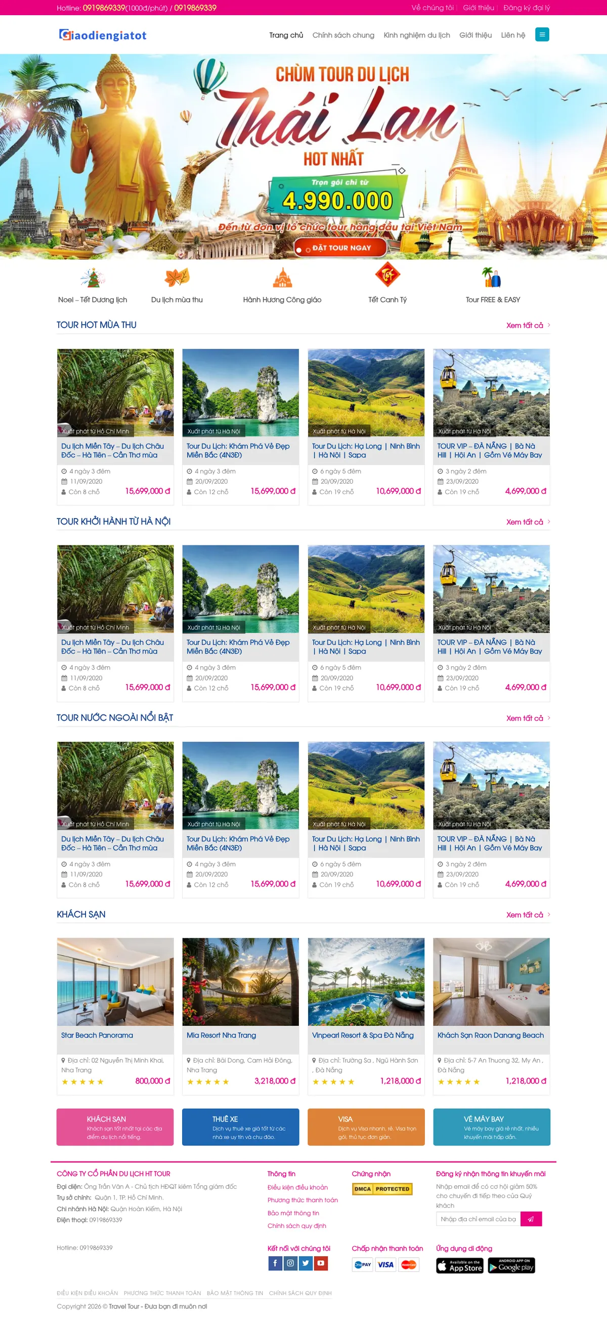 Màn hình đầu mẫu website bán tour du lịch với banner khuyến mãi và biểu tượng chủ đề