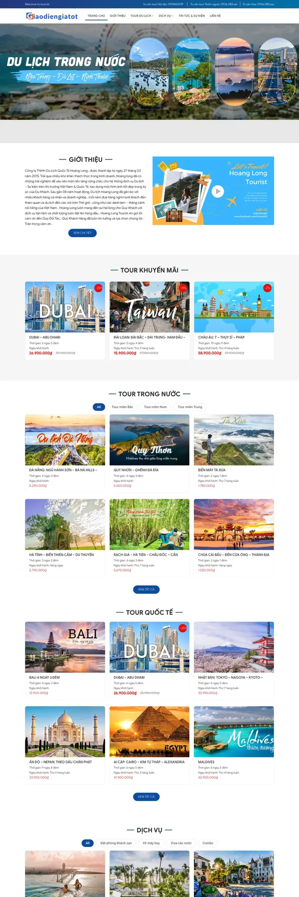 Màn hình đầu mẫu website công ty lữ hành với banner và thanh 3 hotline tư vấn