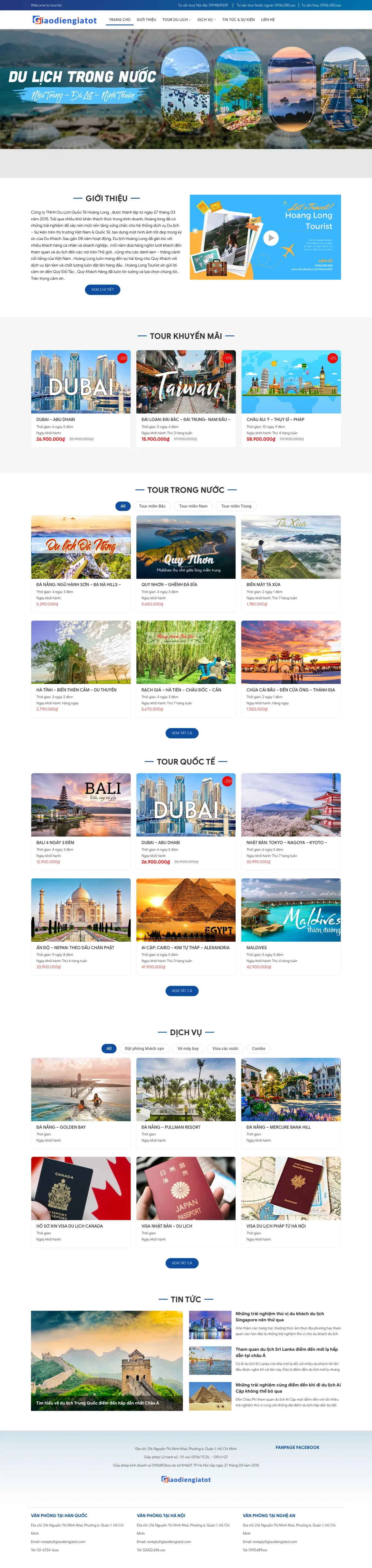 Màn hình đầu mẫu website công ty lữ hành với banner và thanh 3 hotline tư vấn