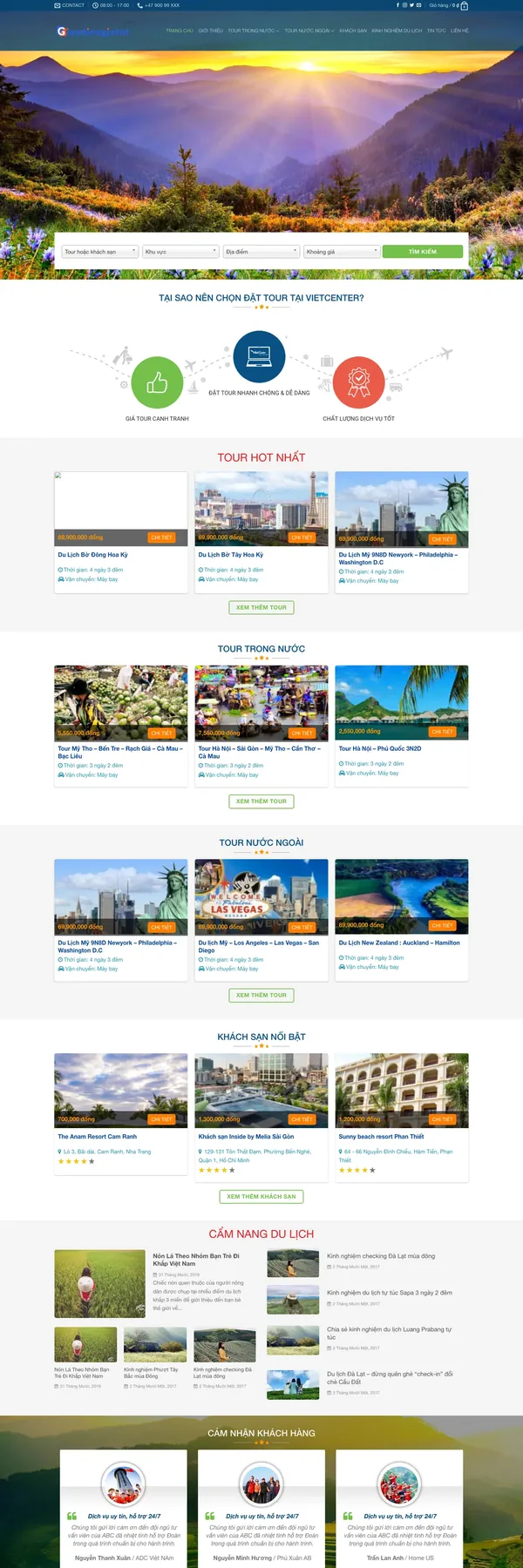 Màn hình đầu mẫu website đặt tour du lịch với ô tìm kiếm và hotline