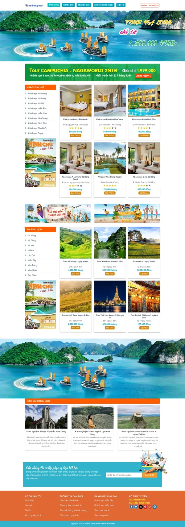 Màn hình đầu mẫu website đặt phòng khách sạn với banner vịnh Hạ Long