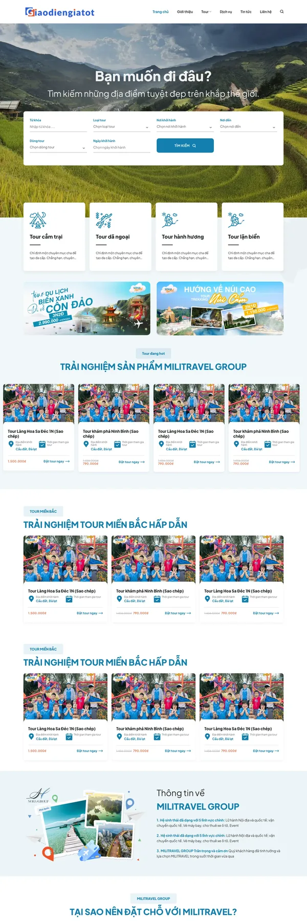 Màn hình đầu mẫu website tour trải nghiệm với banner ruộng bậc thang và form tìm tour