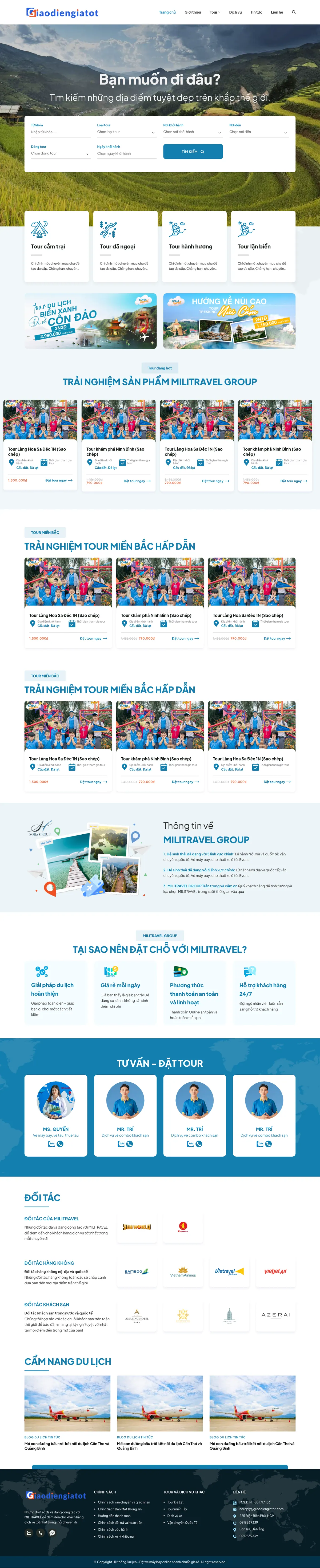 Màn hình đầu mẫu website tour trải nghiệm với banner ruộng bậc thang và form tìm tour