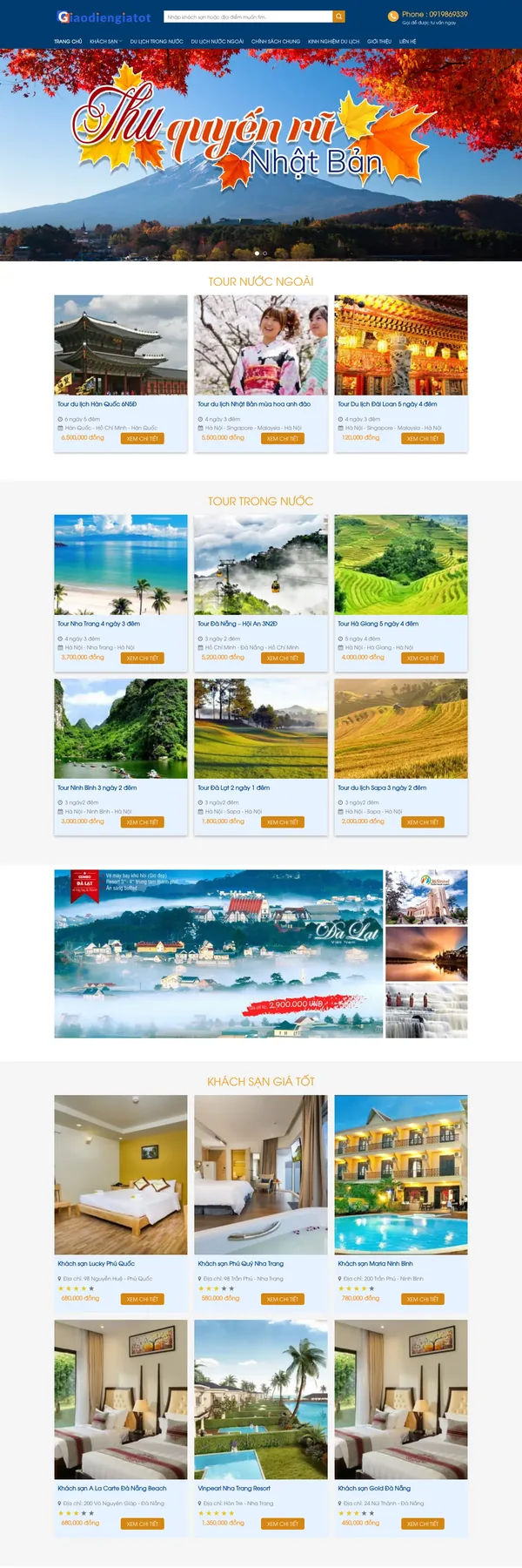 Màn hình đầu mẫu website công ty du lịch với banner tour châu Âu và ô tìm kiếm