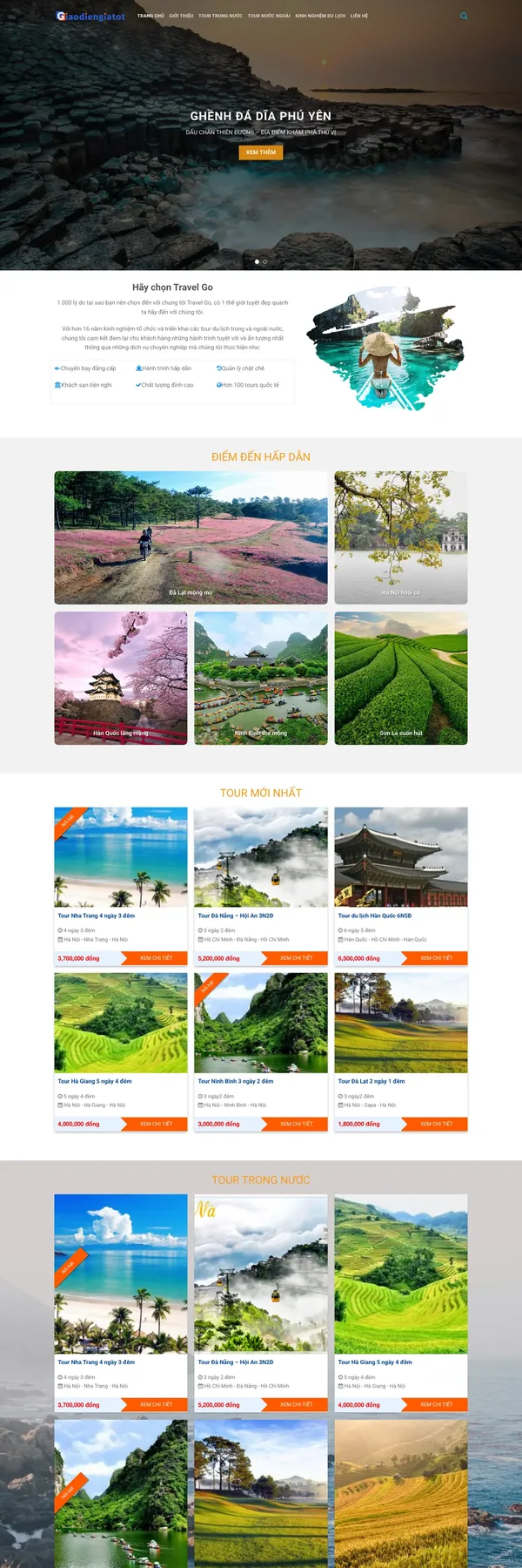 Màn hình đầu mẫu website du lịch với slider ảnh biển toàn màn hình