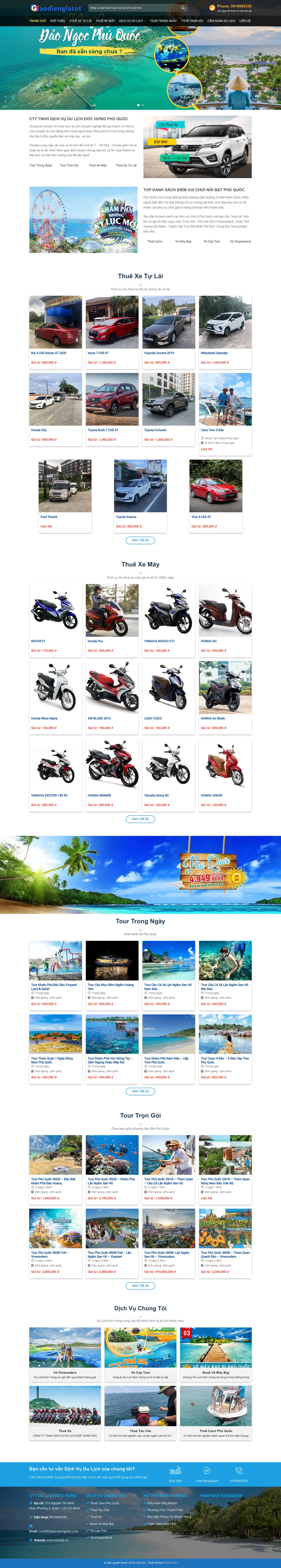Màn hình đầu mẫu website dịch vụ du lịch đảo với banner lặn biển ngắm san hô