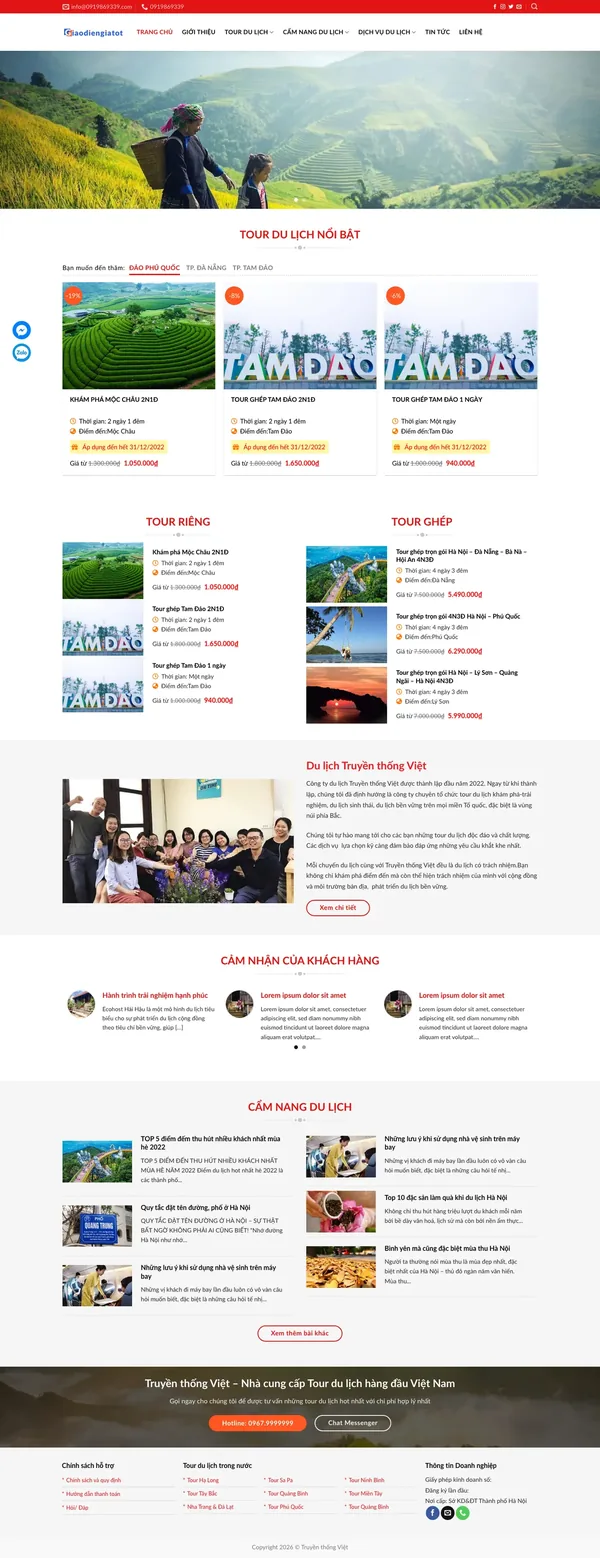 Màn hình đầu mẫu website tour ghép và tour riêng với ảnh ruộng bậc thang