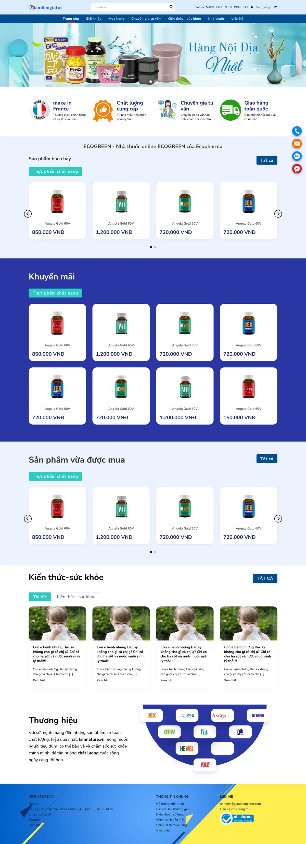Màn hình đầu mẫu website nhà thuốc online với banner hàng nội địa nhập khẩu