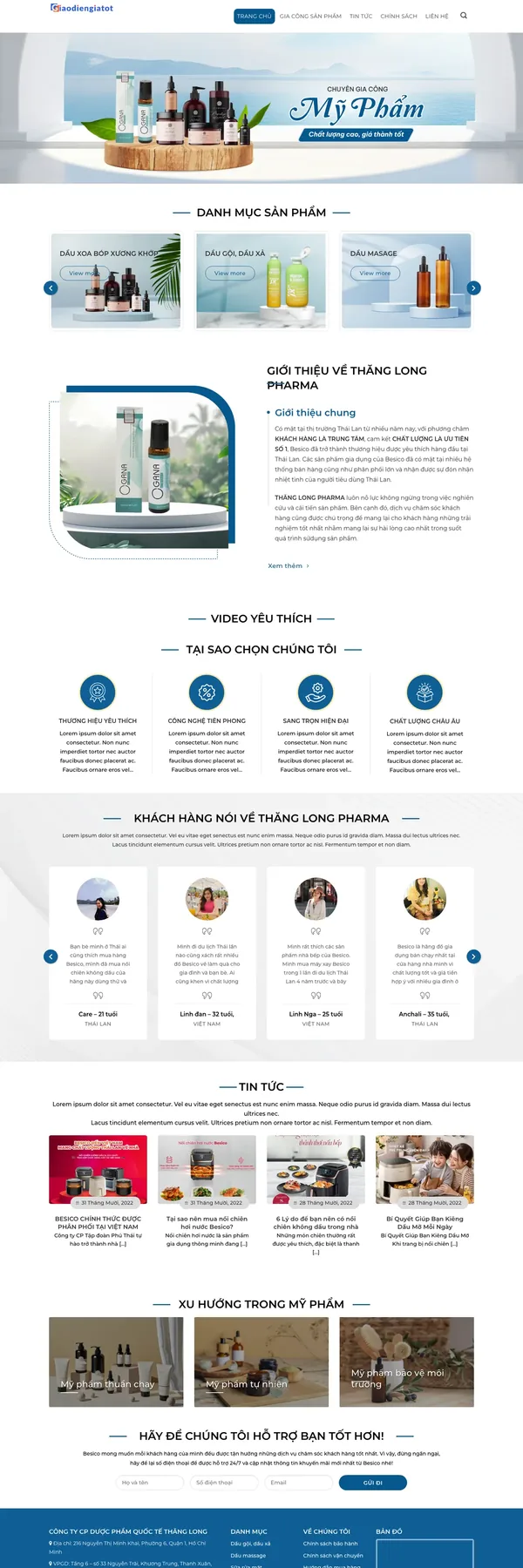 Màn hình đầu mẫu website gia công mỹ phẩm với banner chai lọ trên bục gỗ
