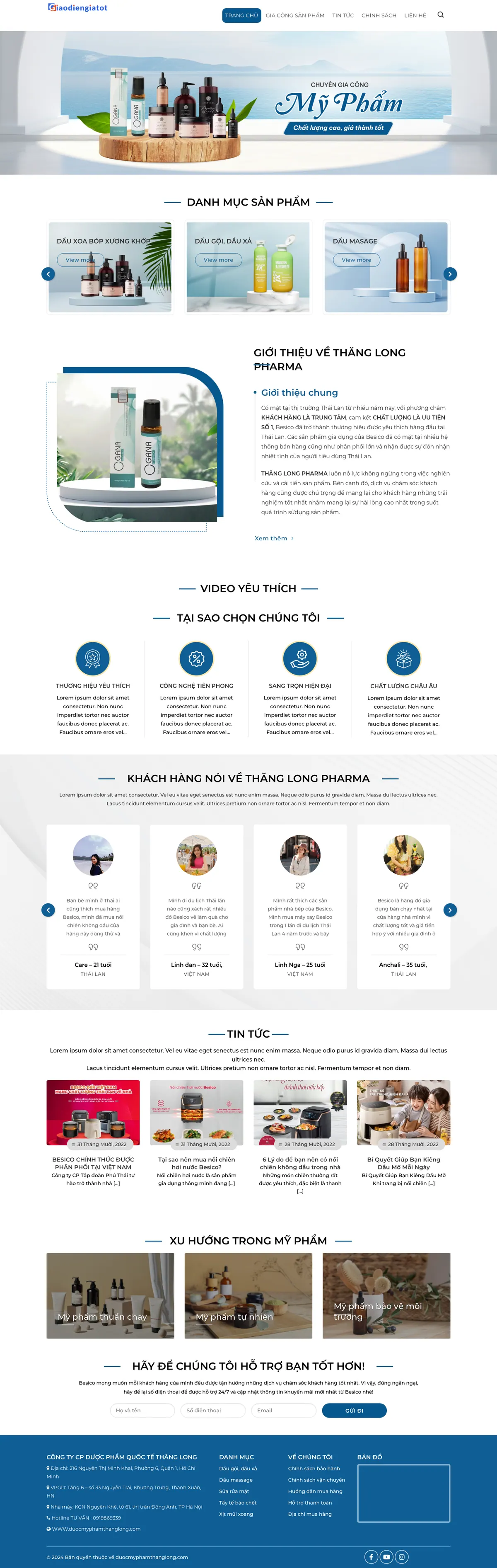 Màn hình đầu mẫu website gia công mỹ phẩm với banner chai lọ trên bục gỗ