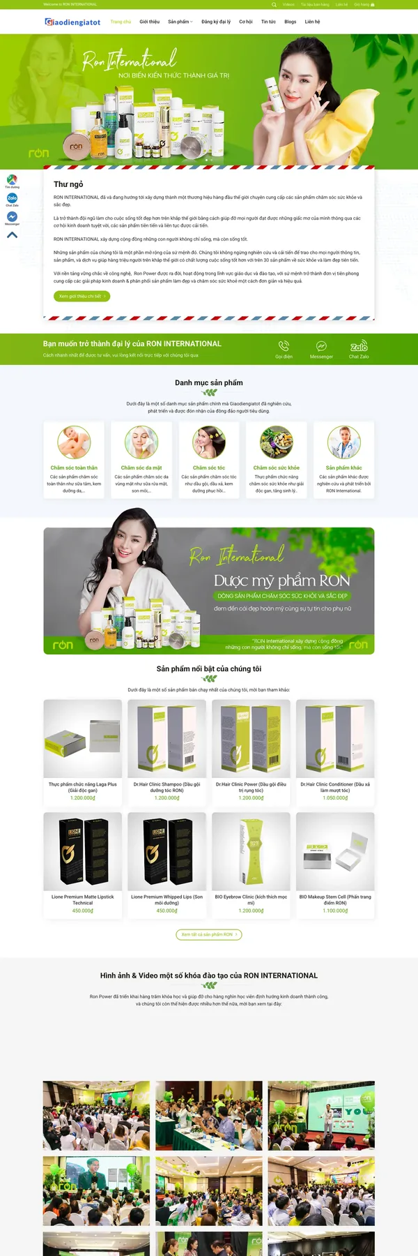 Màn hình đầu mẫu website thương hiệu mỹ phẩm với banner người mẫu tông xanh lá