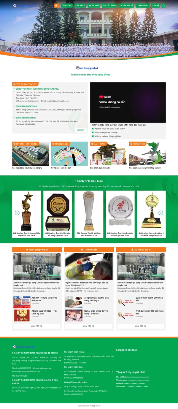 Màn hình đầu mẫu website doanh nghiệp dược phẩm với ảnh nhà máy và menu cam