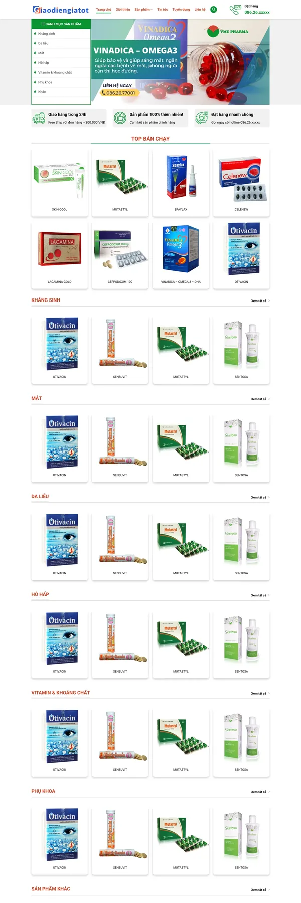 Màn hình đầu mẫu website phân phối dược phẩm với cột danh mục và slider sản phẩm