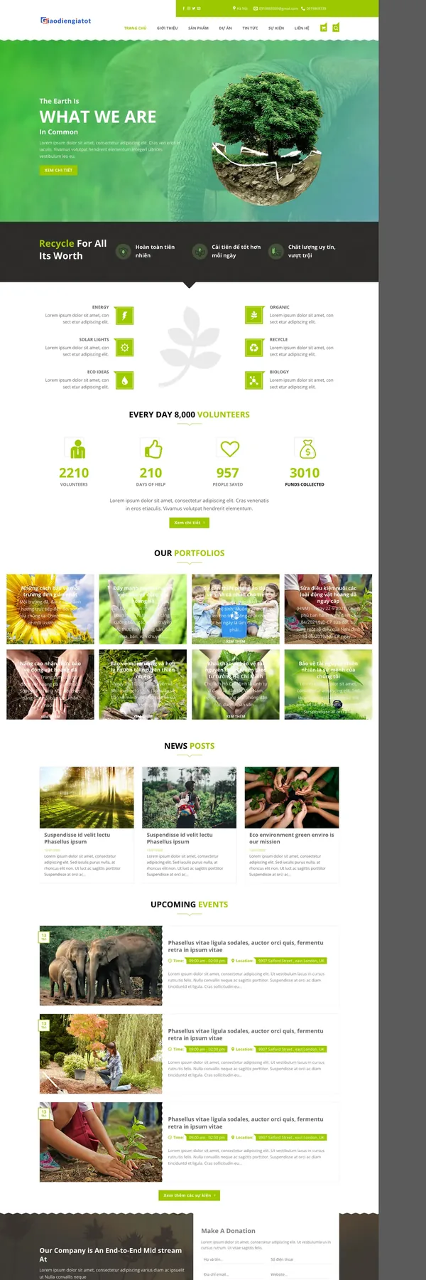 Màn hình đầu mẫu website môi trường xanh với banner quả cầu cây xanh