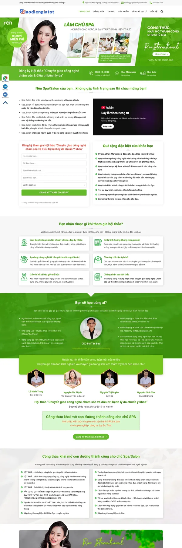 Màn hình đầu landing page hội thảo cho chủ spa tông xanh lá với banner và dải liên hệ