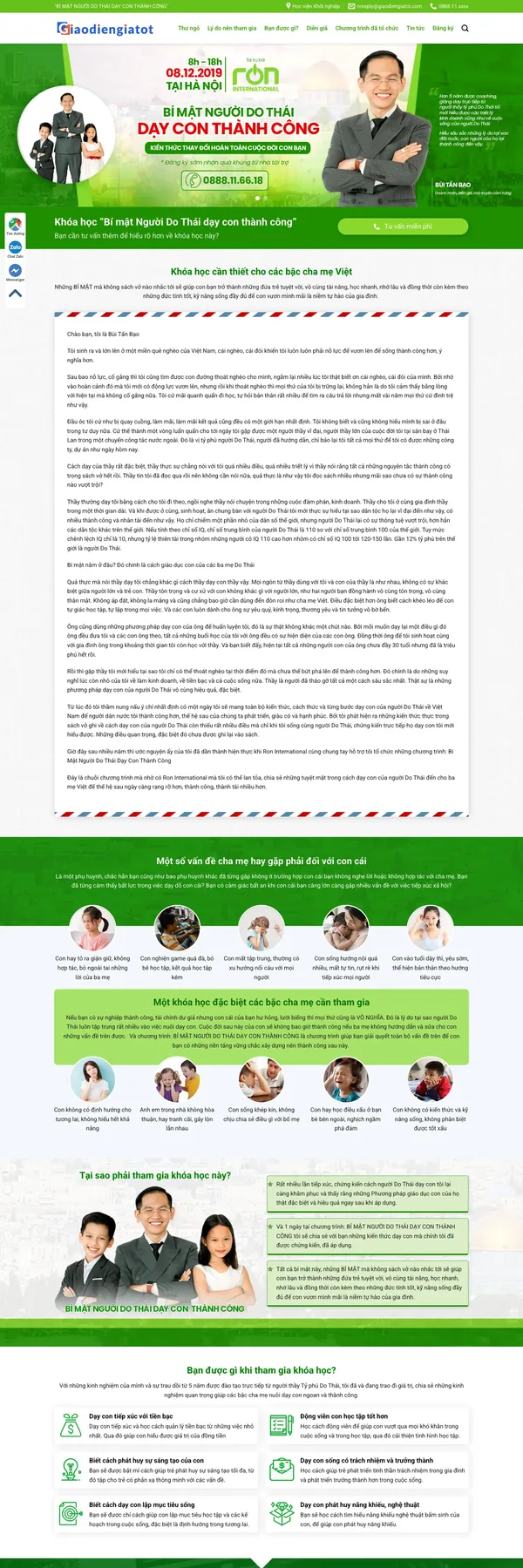 Màn hình đầu landing page khóa học nuôi dạy con với banner sự kiện và ảnh diễn giả