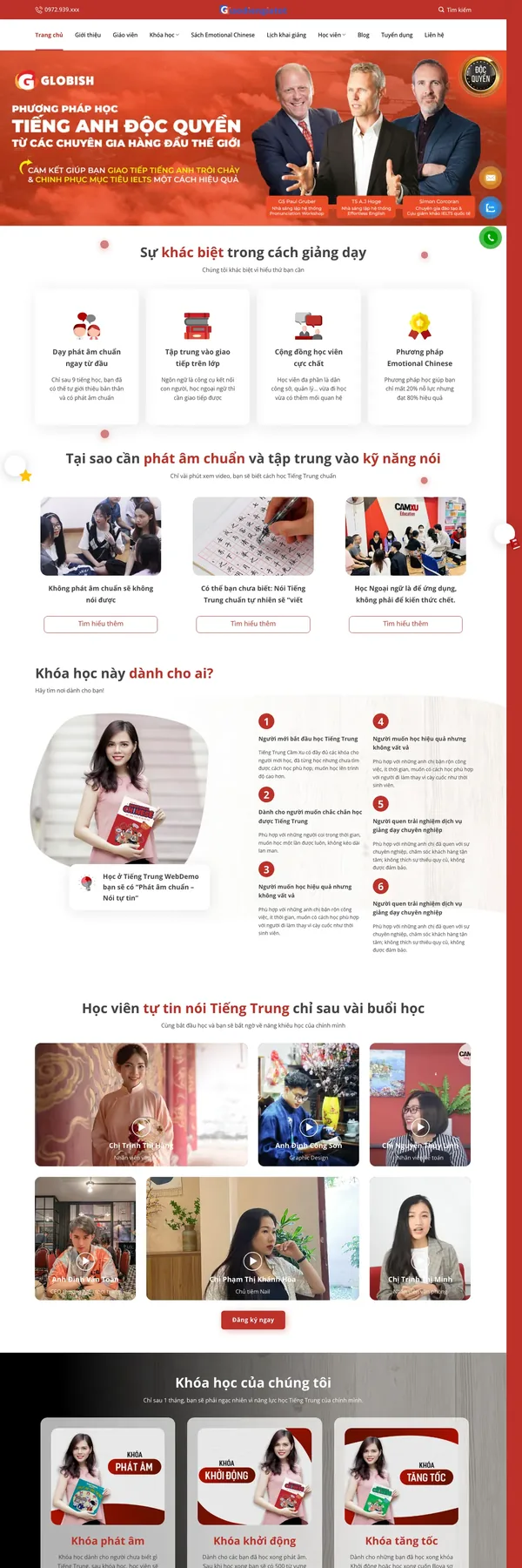 Màn hình đầu mẫu website trung tâm tiếng Trung tông đỏ trắng với banner và menu khóa học