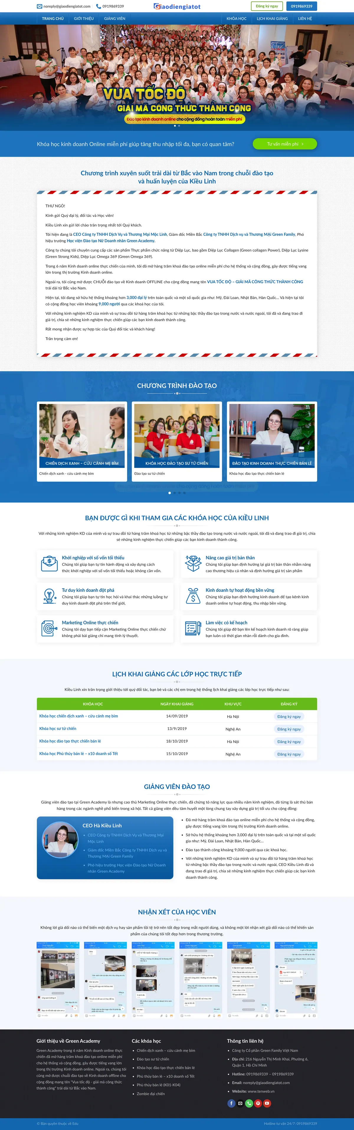 Màn hình đầu mẫu website học viện đào tạo kinh doanh online với slider ảnh sự kiện