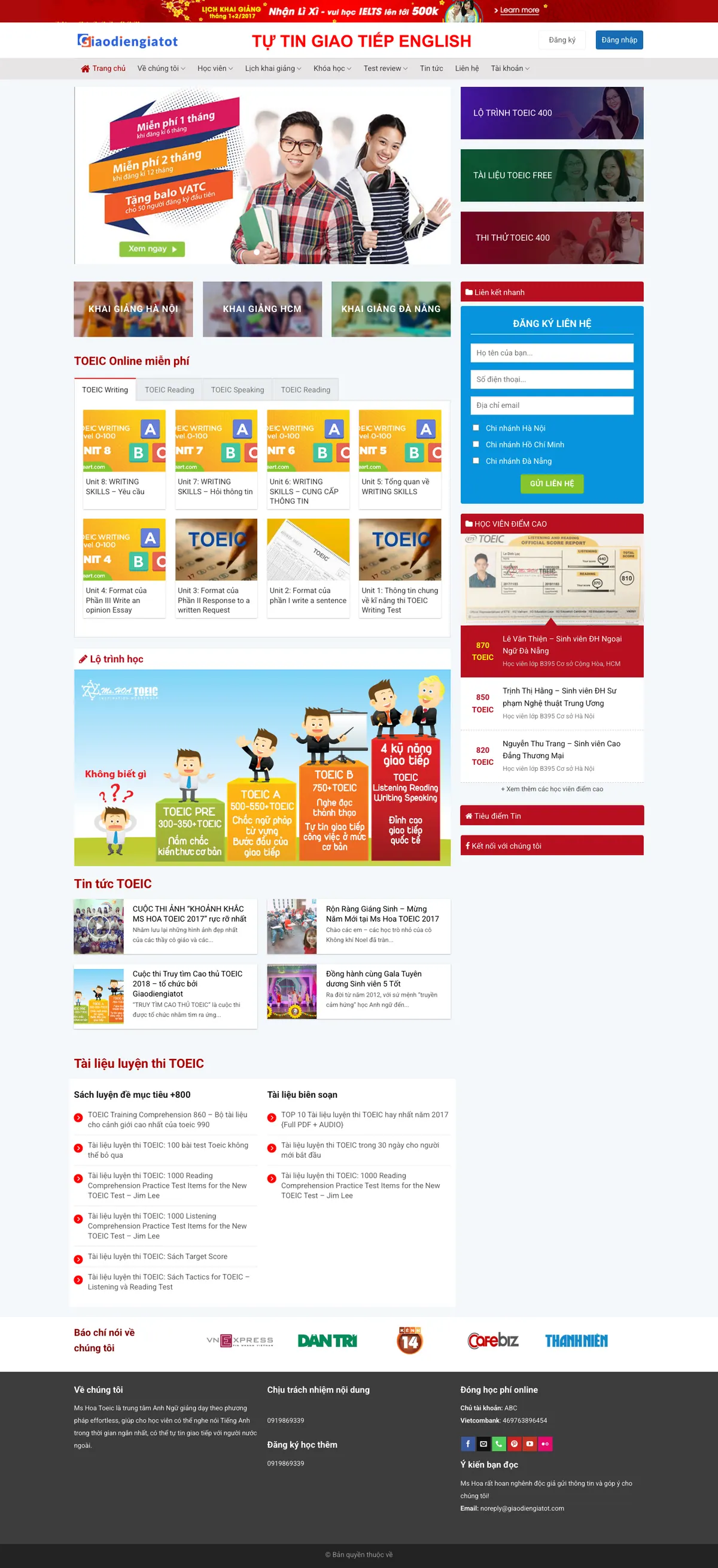 Màn hình đầu mẫu website luyện thi TOEIC với slider ưu đãi và ba ô lộ trình, tài liệu, thi thử