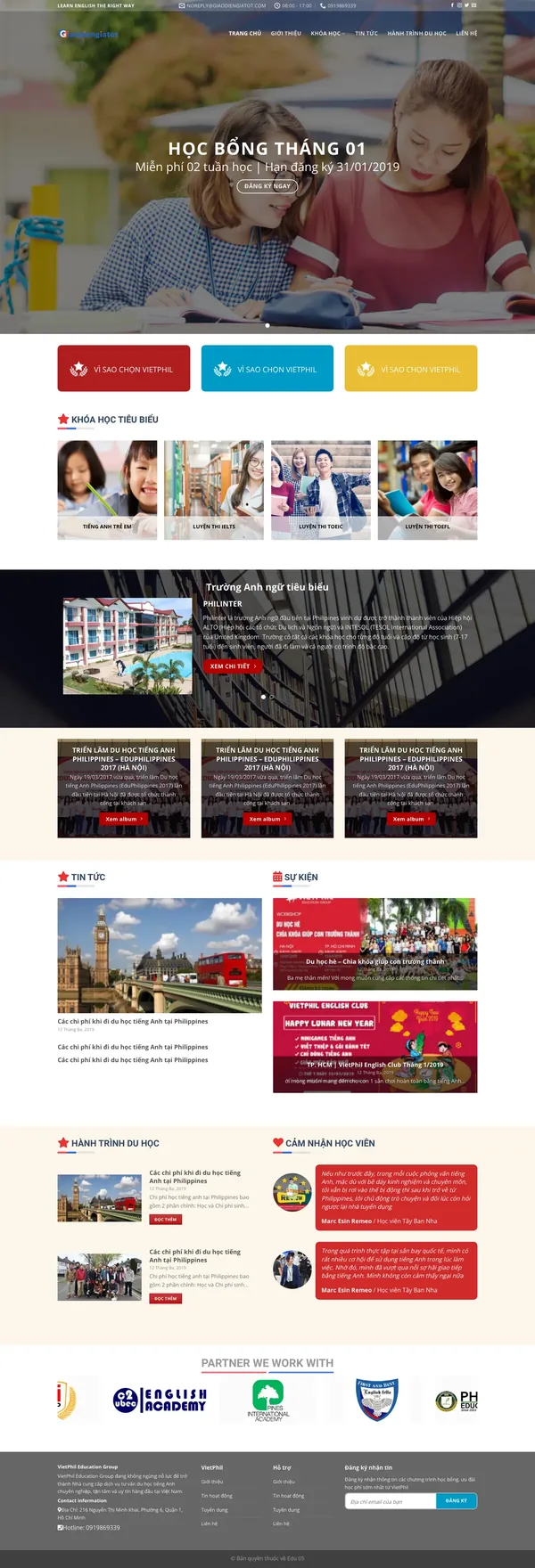 Màn hình đầu mẫu website du học tiếng Anh với ảnh học viên và thông báo học bổng