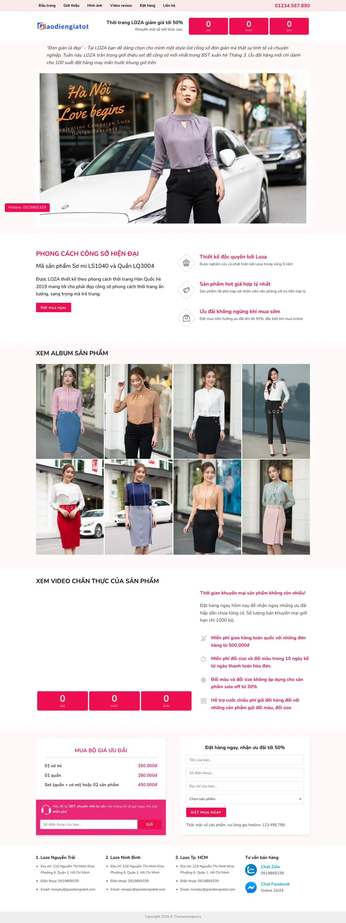 Màn hình đầu mẫu website landing page đồ công sở nữ với banner giảm giá