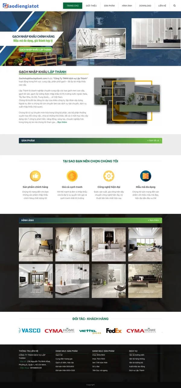 Màn hình đầu mẫu website gạch ốp lát nhập khẩu cao cấp