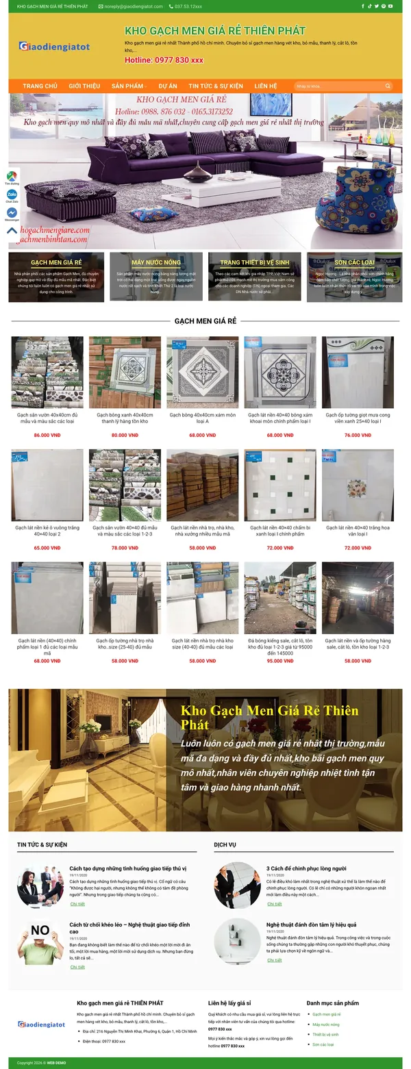 Màn hình đầu mẫu website kho gạch men giá rẻ bán sỉ