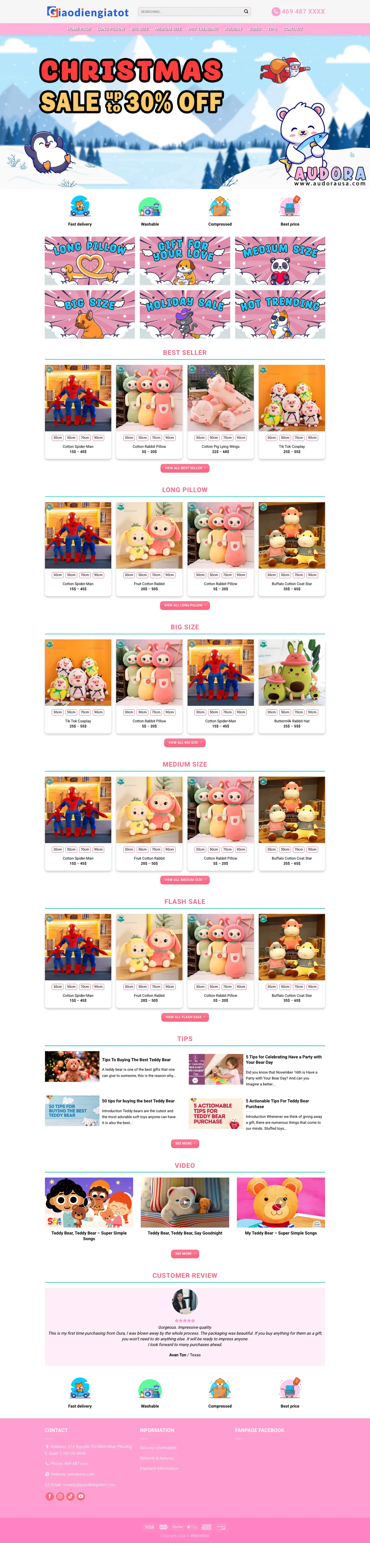 Màn hình đầu mẫu website shop gấu bông và quà tặng