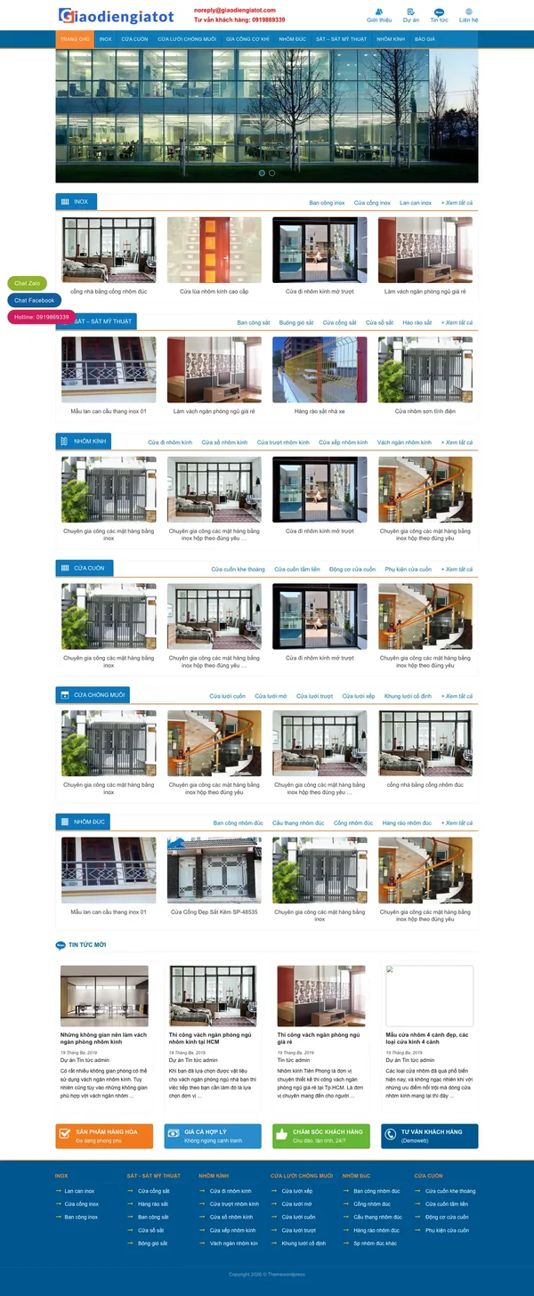Màn hình đầu mẫu website xưởng gia công cơ khí inox và cửa cuốn