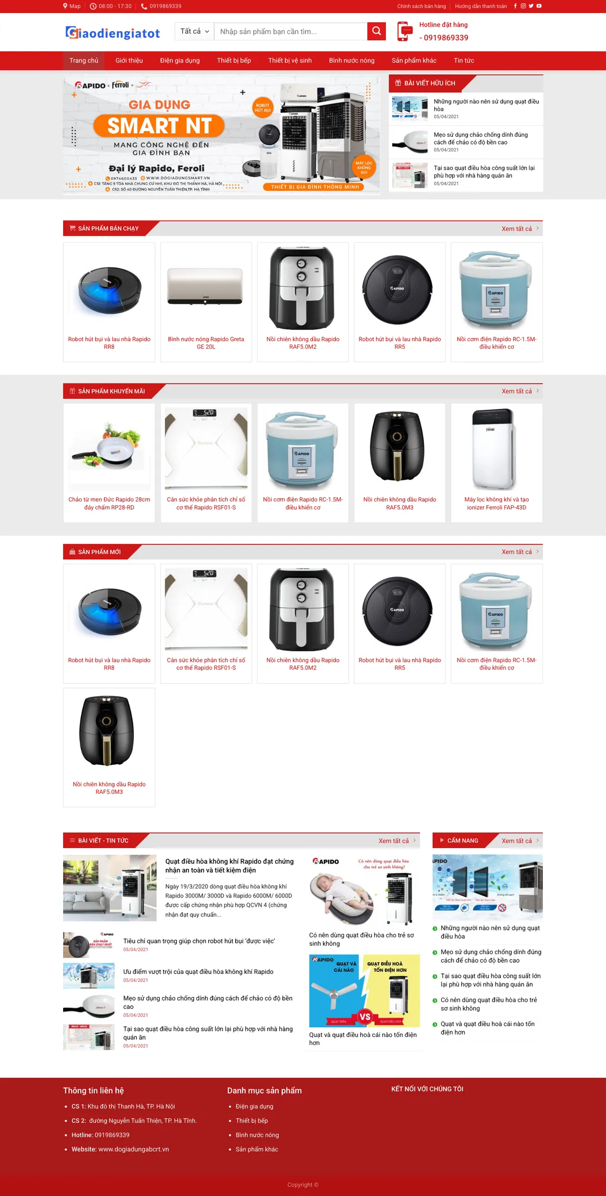 Màn hình đầu mẫu website điện gia dụng tông đỏ với banner và bài viết hữu ích